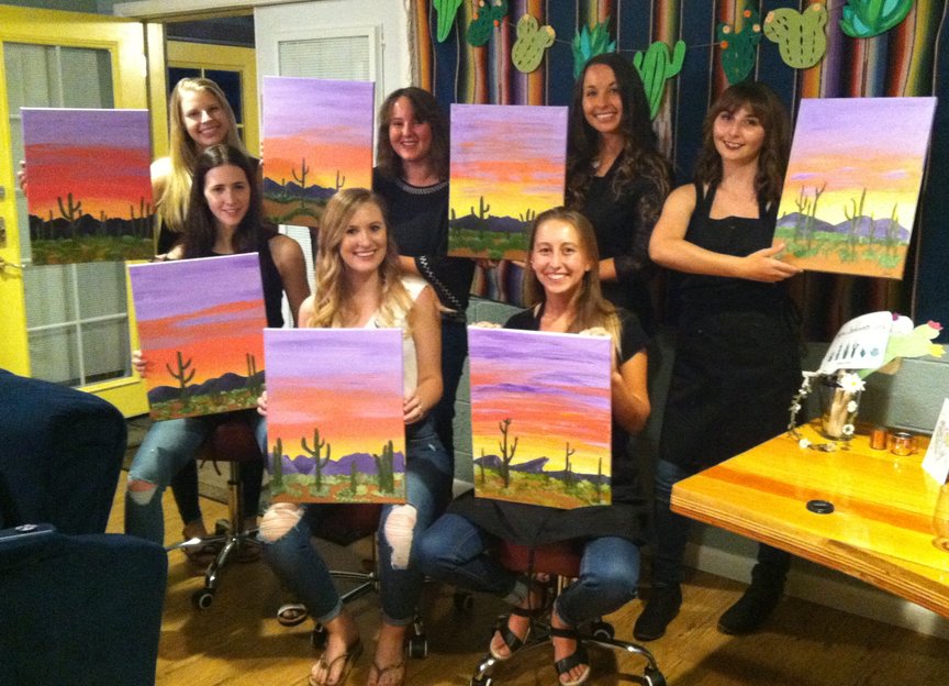 Girlfriends celebrating bachelorette party in Sedona witha Paint Along For Fun