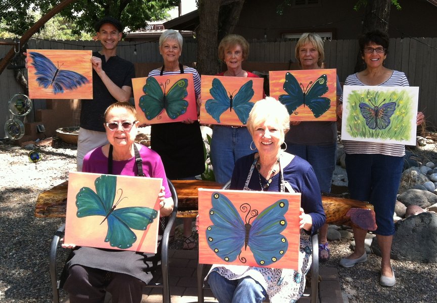 Designing and painting unique butterflies at Vino Di Sedona a Saturday afternoon Paint Along For Fun