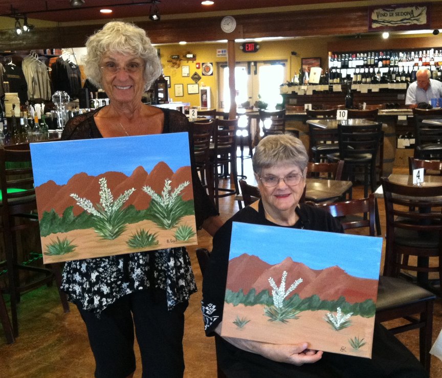 Sisters painting at Vino Di Sedona with Paint Along For Fun