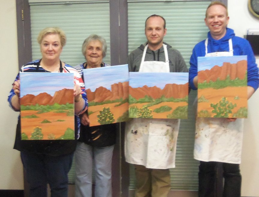 Having fun creating a Sedona landscape in acrylic paints at Paint Along For Fun